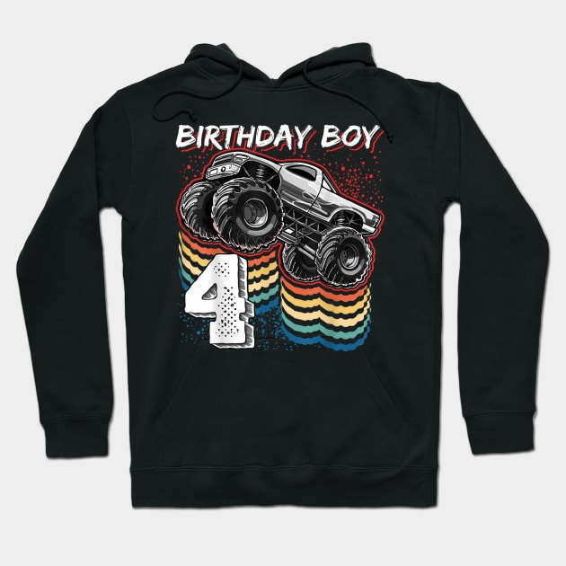 Birthday Boy 4 Monster Truck 4th Birthday Retro Vintage Gift Hoodie by elmiragokoryan